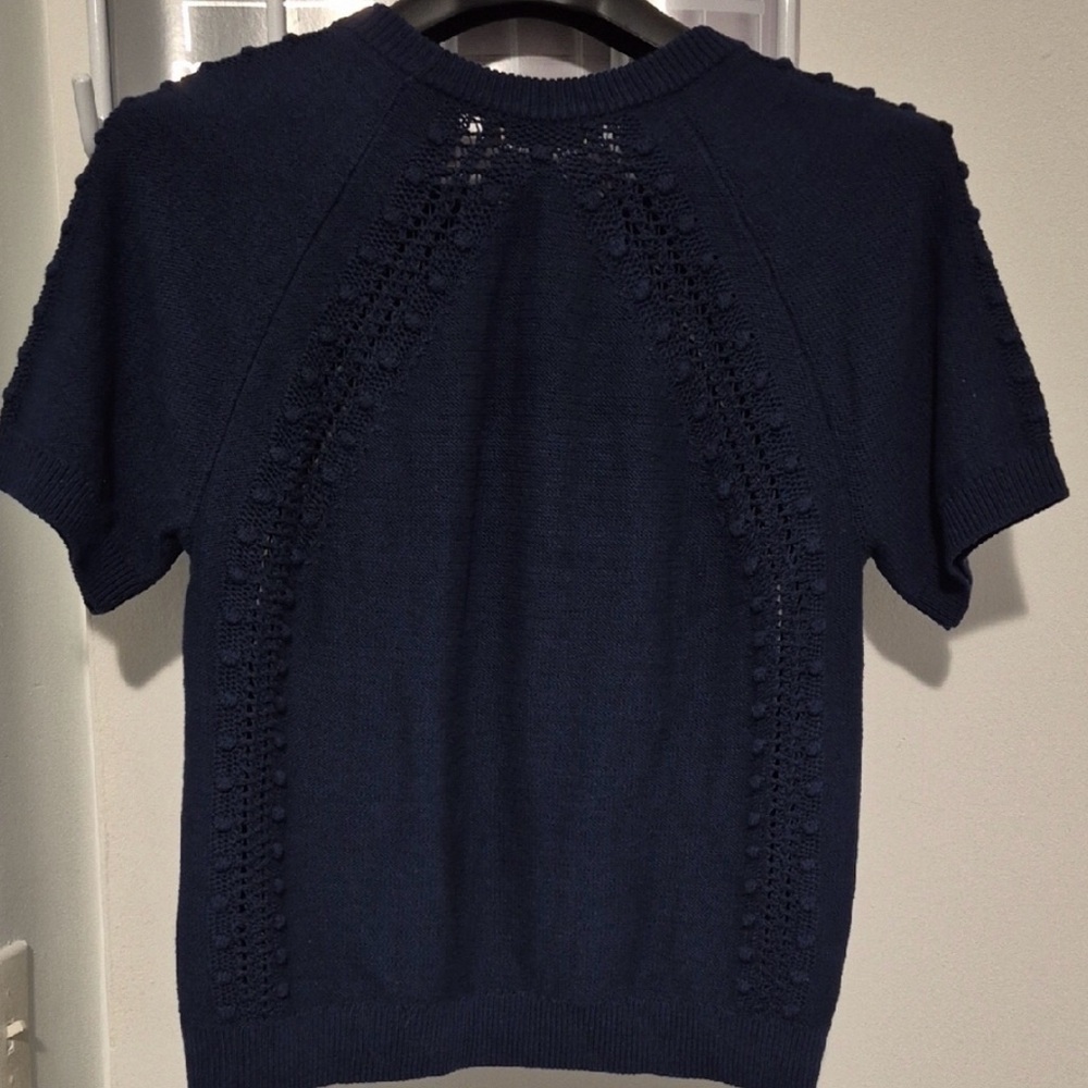 LOFT Navy Short Sleeve Knit Top with Ladder Lace Panels